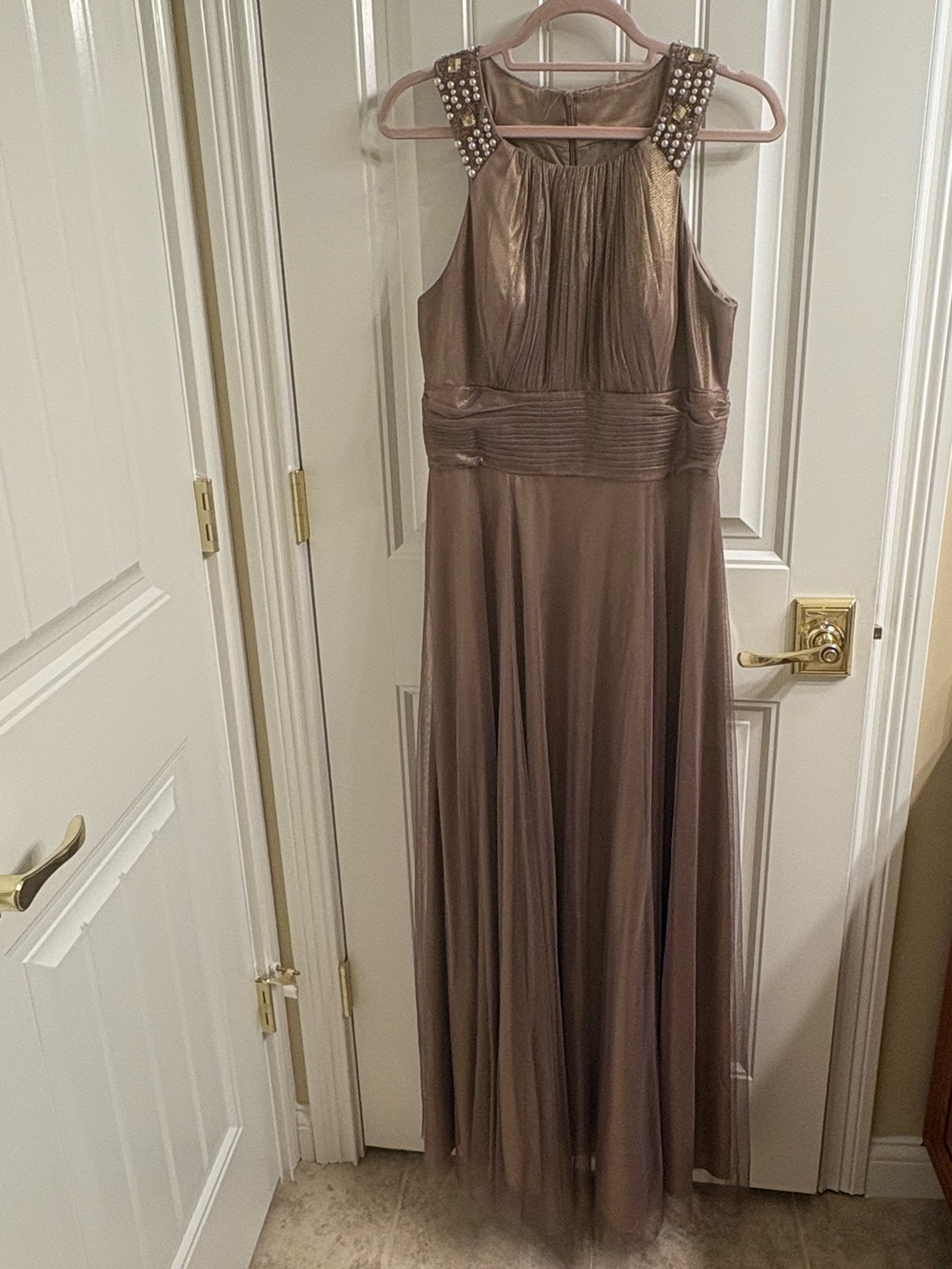 Cachet Iridescent Tulle Jewel Neck Gown with Ruched Waist Sleeveless 8 READ